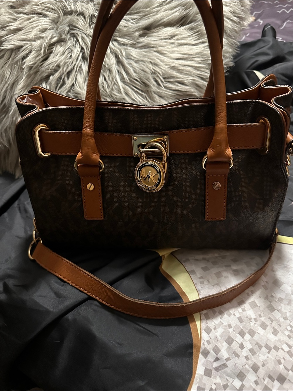 Michael Kors Brown & Cognac Logo Satchel with Gold Hardware